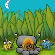 Two monsters toasting marshmallows