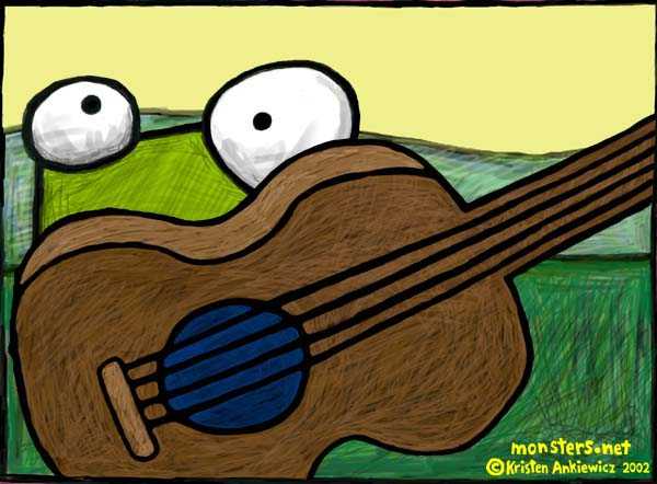Bright colorful drawings photograph. Monster plays guitar. The guitar looks a little big for him! Where are your arms, little monster? You need to play the guitar with your arms!