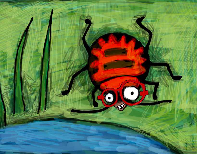 Bright colorful drawings photograph. Steenkbug needs to wear spectacles to see anything clearly.