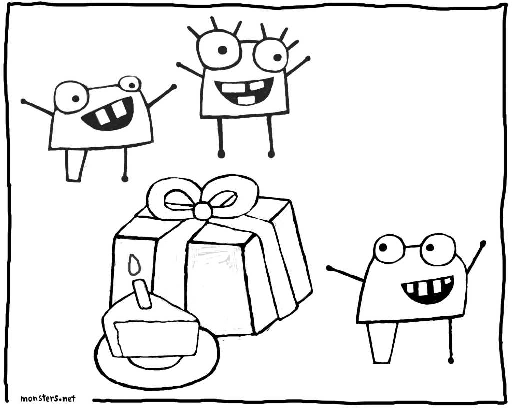 Coloring book drawings photograph. Color in the cake! Make it purple! Make it green! Make it gross! Yay monsters.