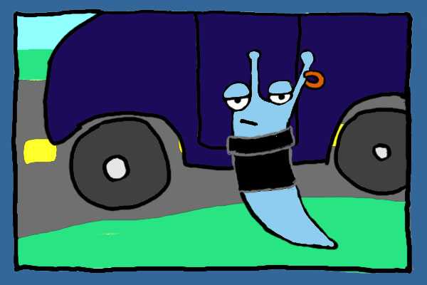 Sluggo the Slug and friends photograph. He's wearing his leather jacket, and his removable earing. Oh yeah. Very cool. He does not have a driver's license so the car is just for show.