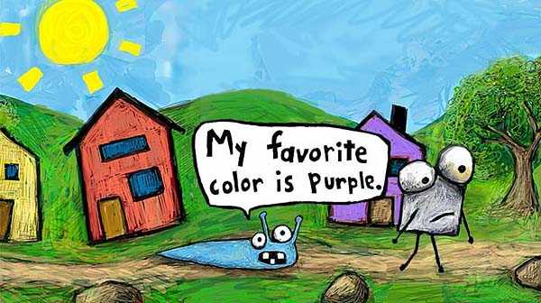 Sluggo the Slug and friends photograph. Sluggo is following Fillipe, telling him about his favorite color, purple. Fillipe looks pretty sad. What's wrong, Fillipe?